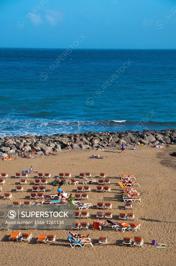 Beach in front of Paseo Costa Canaria seaside promenade Playa del Ingles resort Gran Canaria island the Canary Islands Spain Europe