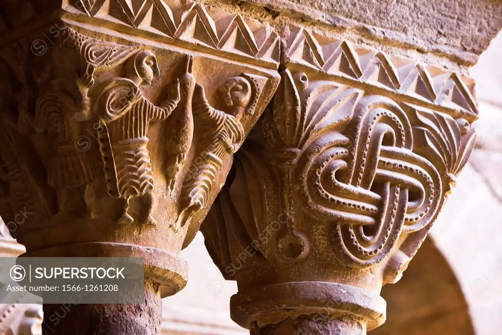 Romanesque capitals in the cloister of the monastery of Santa Maria - L´Estany - Bages - Barcelona - Catalonia - Spain - Europe