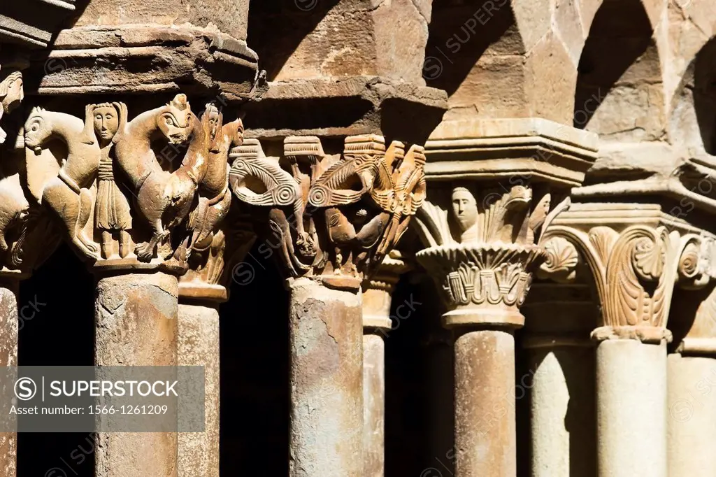 Romanesque capitals in the cloister of the monastery of Santa Maria - L´Estany - Bages - Barcelona - Catalonia - Spain - Europe