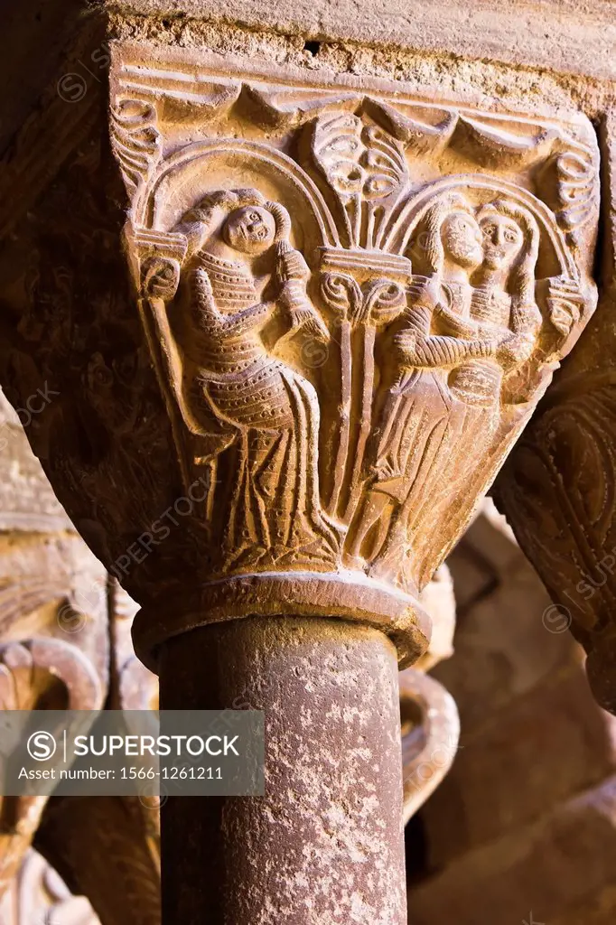 Capital in the Romanesque cloister of the monastery of Santa Maria - L´Estany - Bages - Barcelona - Catalonia - Spain - Europe