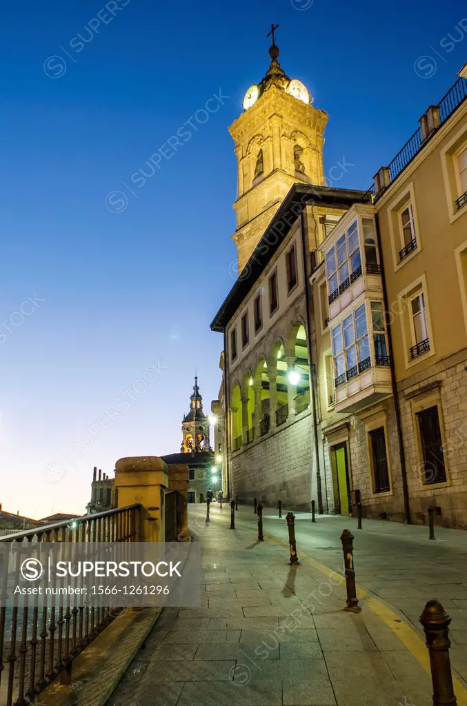 Machete square on dusk with San Vicente church background, Vitoria, Alava, Basque Country, Spain