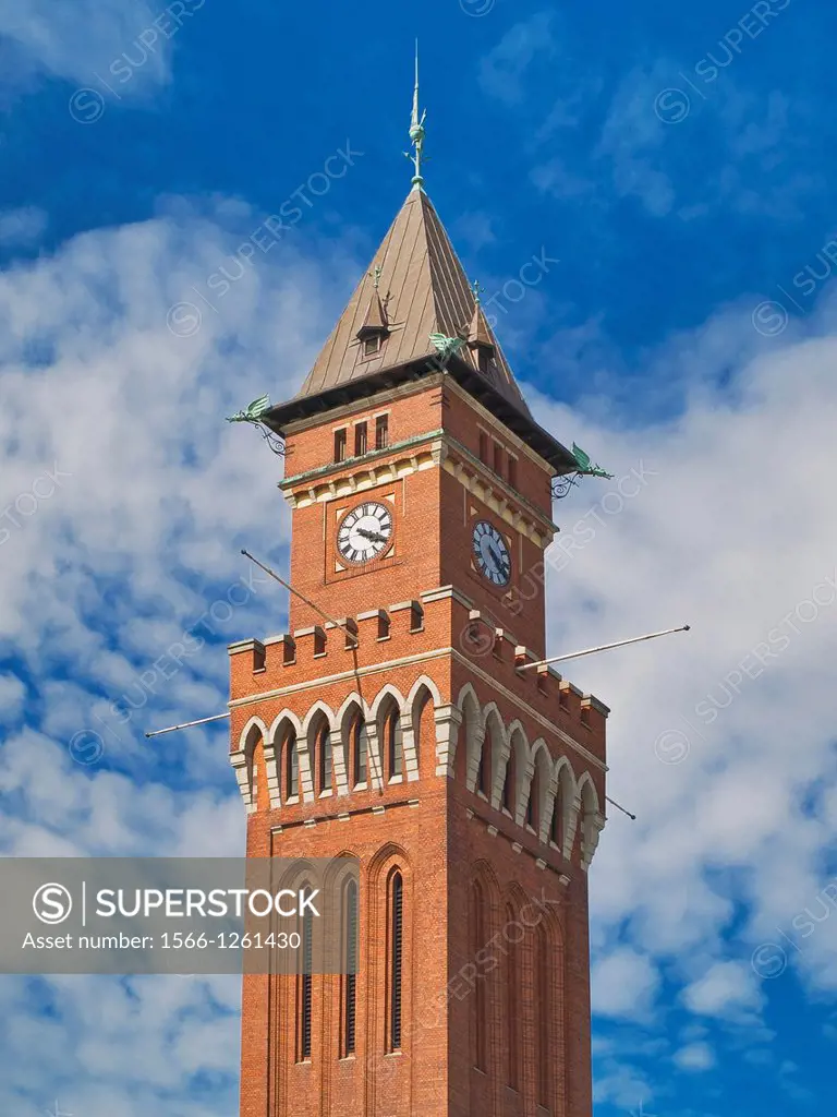65 metres high tower of the 1897 built, neo-gothic guildhall, Helsingborg Municipality, Skane County, Scania, Sweden, Europe