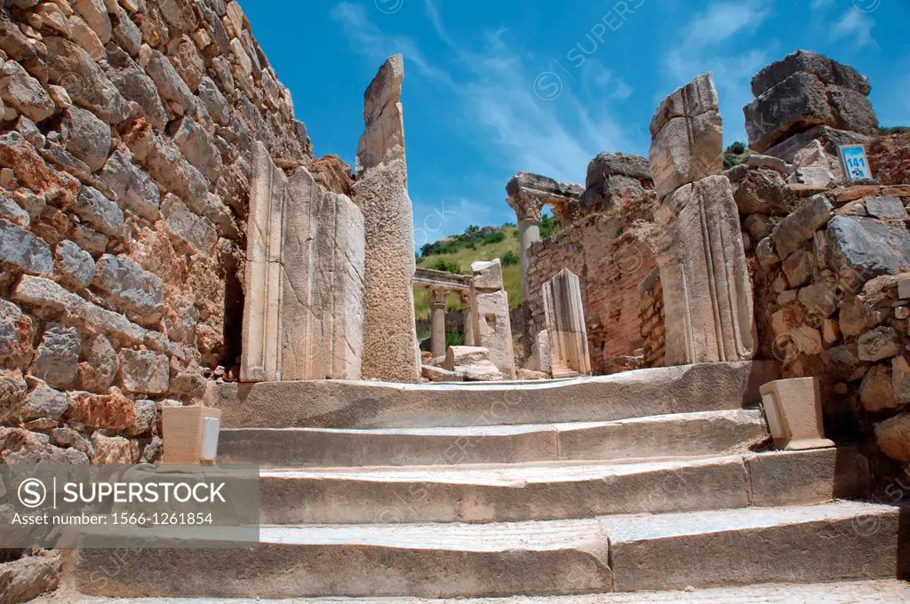 Antique city of Ephesus, poppy flowers in front, Turkey, Western Asia