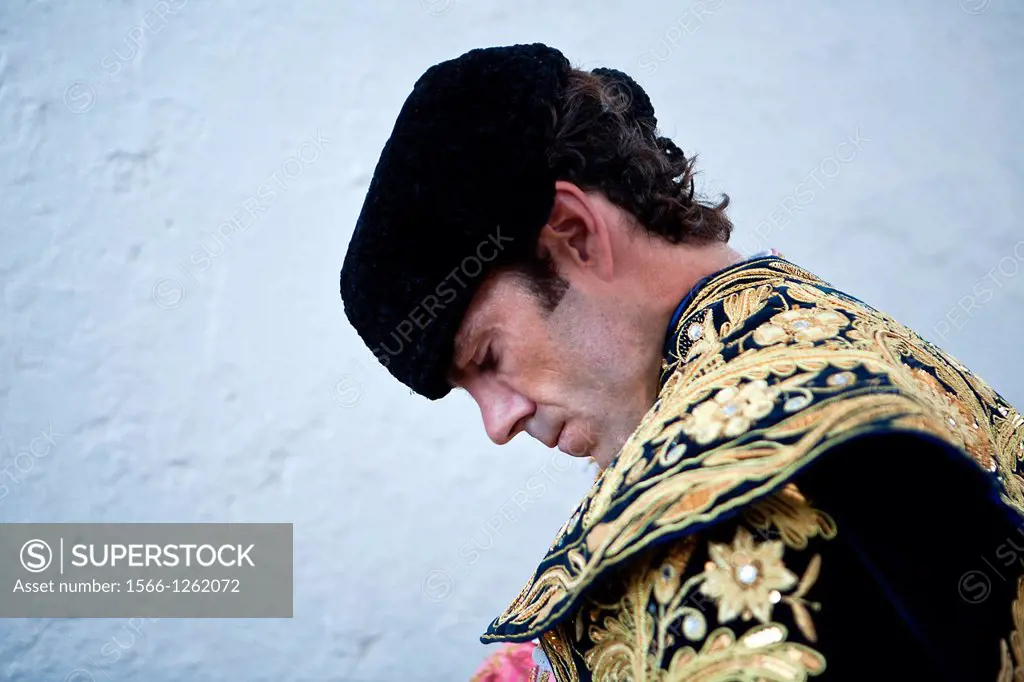 The bullfighter spanish Jose Tomas getting dressed for the paseillo or initial parade, Taken at Linares bullring before a bullfight, Linares, Spain, 2...