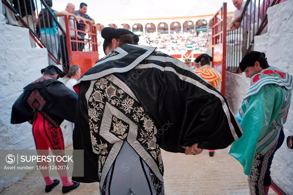 Bullfighters getting dressed for the paseillo or initial parade Taken at Linares bullring before a bullfight, Pozoblanco, Spain, 24 september 2010