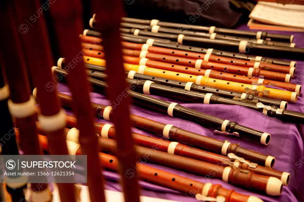 Assorted recorders made of different, exotic woods, made by hand by craftsmen and displayed at an event sponsored by the Boston Early Music Festival.