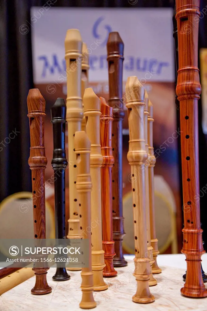 Assorted recorders made of different, exotic woods, made by hand by craftsmen and displayed at an event sponsored by the Boston Early Music Festival.