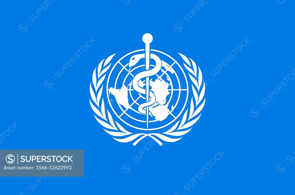 Flag with the logo of the World Health Organization WHO with seat in Geneva - Caution: For the editorial use only. Not for advertising or other commer...