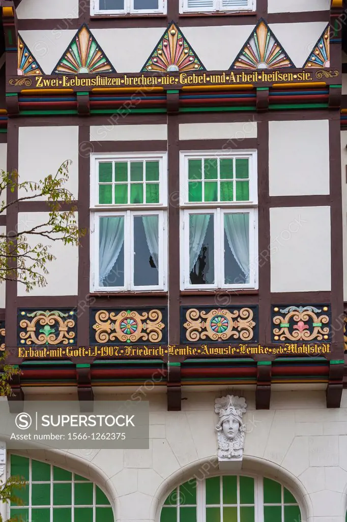 Detail of a beautiful timbered house in Hamelin on the German Fairy Tale Route, Lower Saxony, Germany, Europe