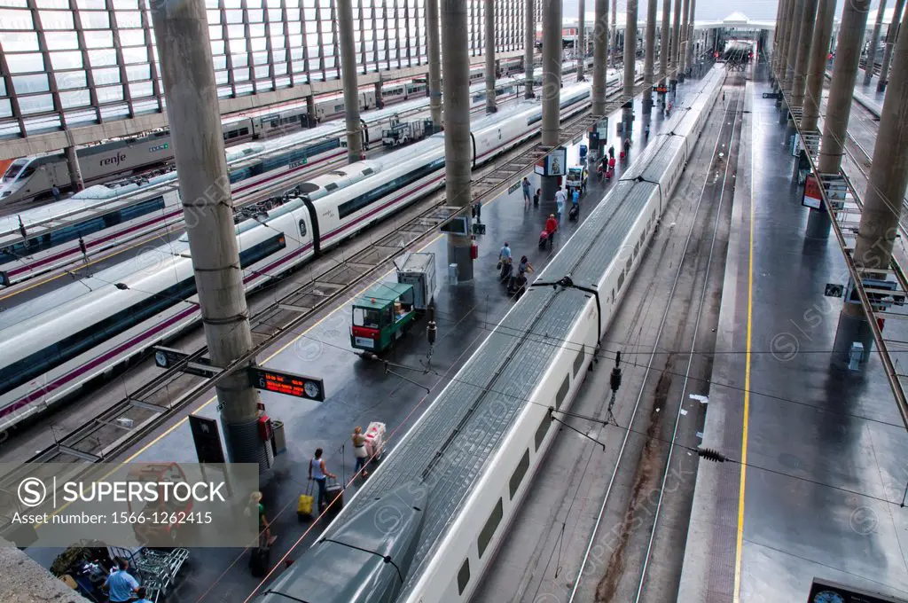 Platforms and high-speed trains, view from above. Puerta de Atocha Railway Station, Madrid, Spain.