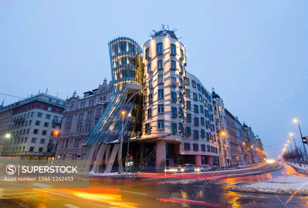 evening winter shot, Dancing House, Prague, Czech Republic Dancing House was designed by Vlado Milunic and Frank Gehry The building was completed in 1...
