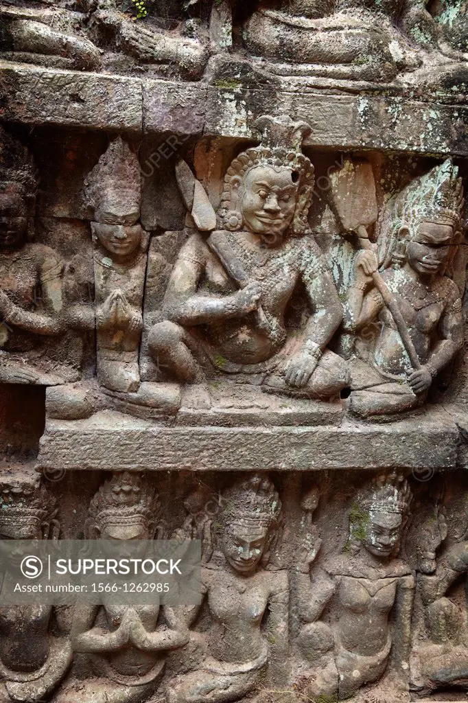 The Terrace of the Leper King - sculptures of the wall of temple, Angkor Temple Complex, Siem Reap Province, Cambodia, Asia
