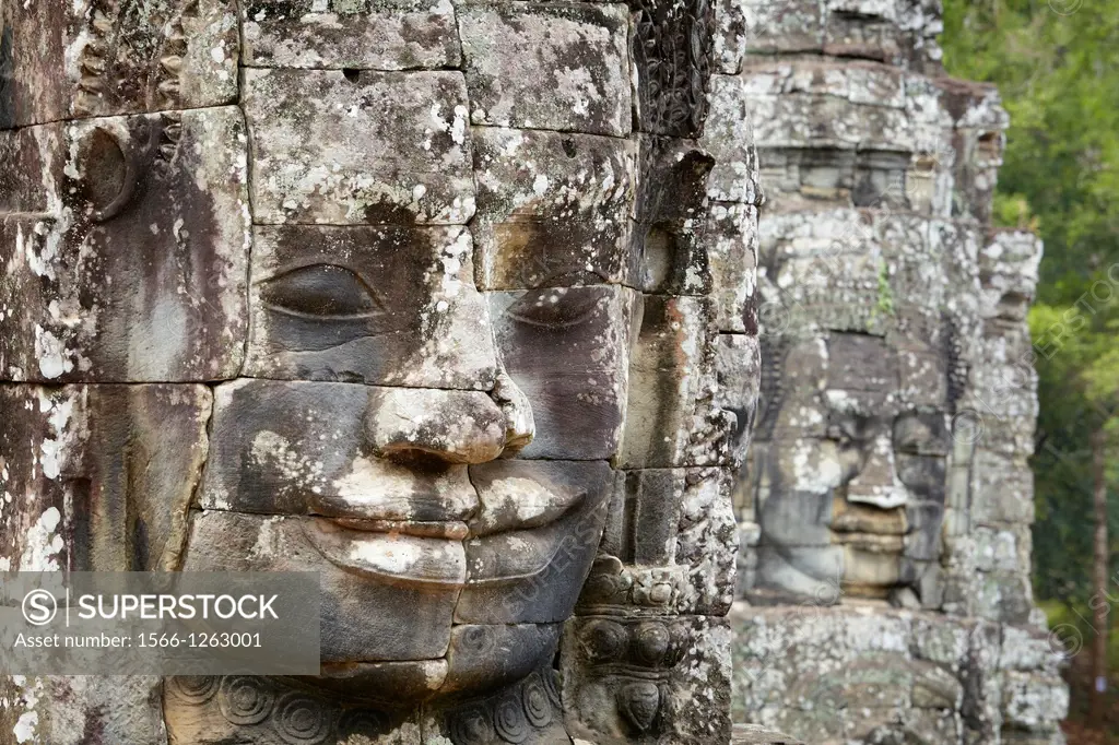 Angkor Temples - stone faces of Bayon Temple towers, Angkor Thom, Cambodia, Asia