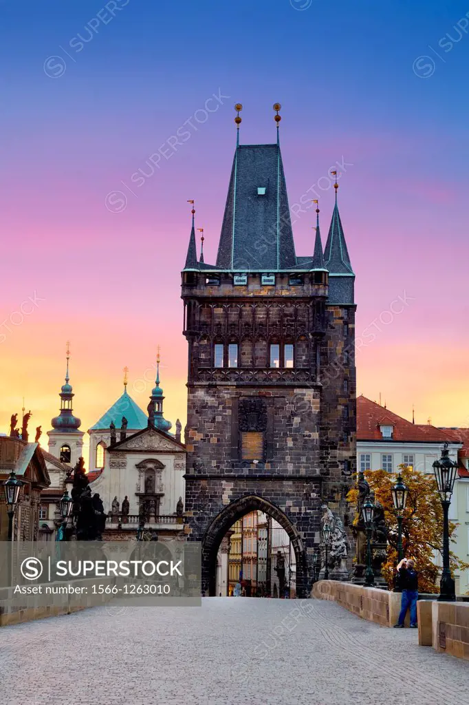 Prague - Old Town at sunset time, Bridge Tower and Charles Bridge, Prague, Czech Republic, Unesco