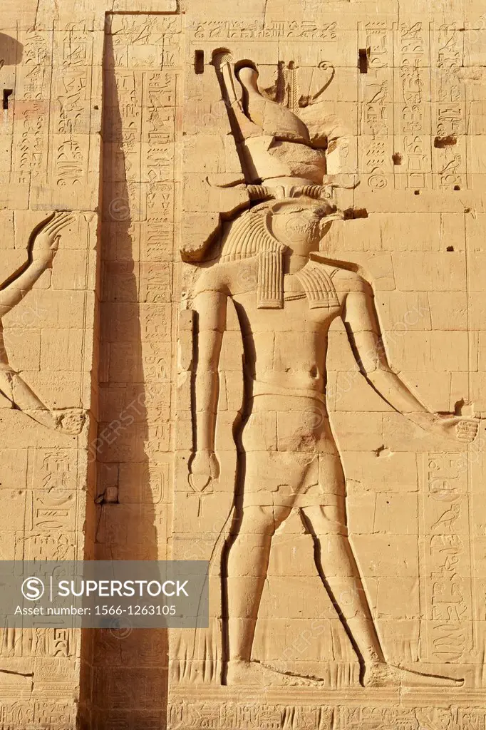 Temple of Isis - Horus relief on the pylon, Philae Island, South Egypt