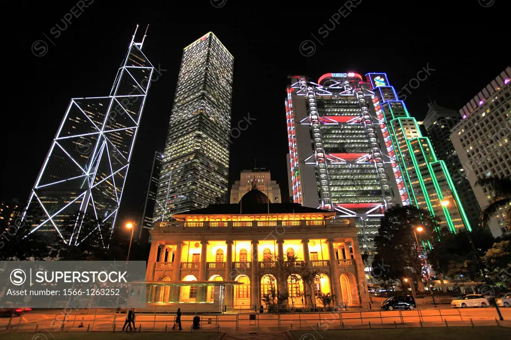 China, Hong Kong, Central district at night, Bank of China, Citibank, Legislative Council, HSBC Bank,