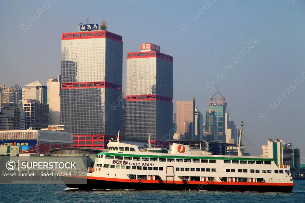 China, Hong Kong, Sheung Wan district skyline, ferry, harbour,