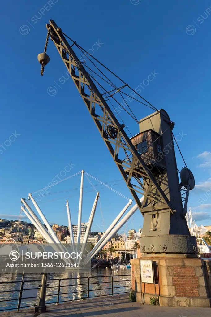 Porto Antico with historic crane and Bigo, Genoa, Liguria, Italy.