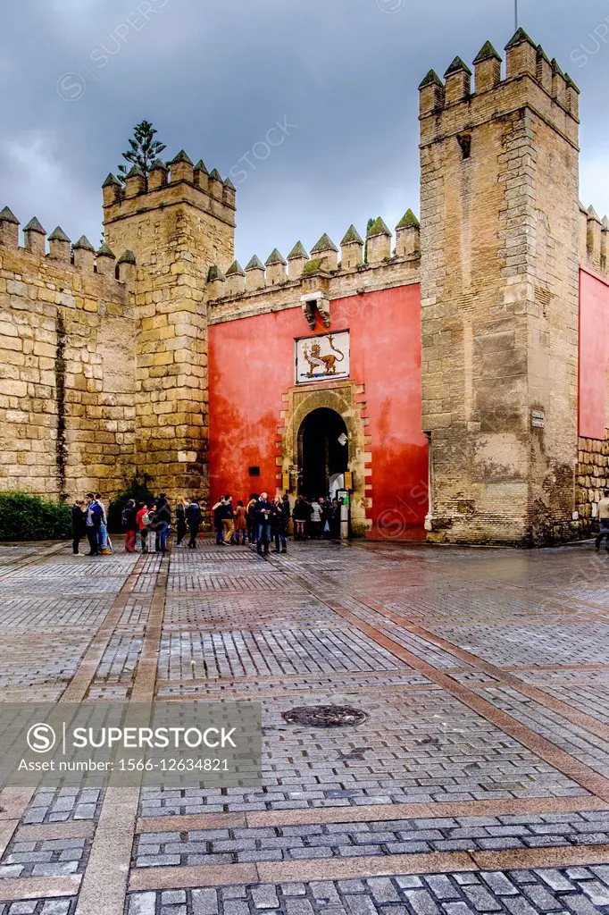 Lion Gate of The Real Alcazar of Seville or Royal Alcazars of Seville, Seville, Andalusia, Spain.