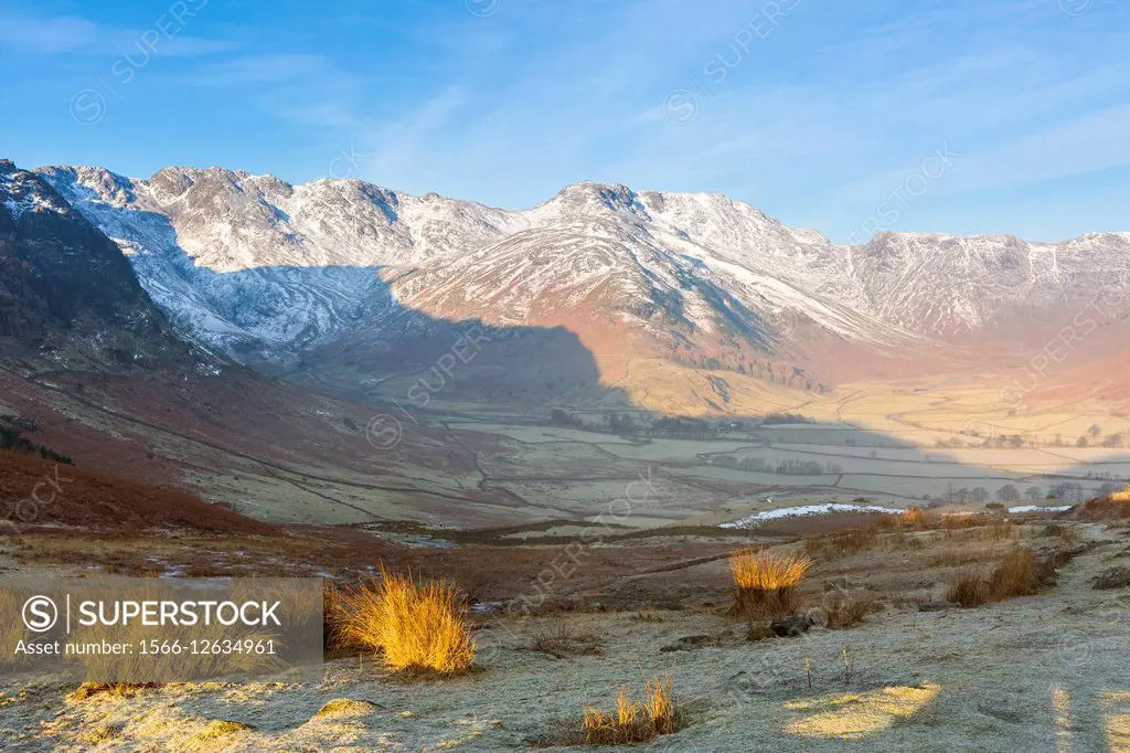 The Langdale Fell in winter from the Side Pike, Lake District National Park, Cumbria, England, United Kingdom, Europe.