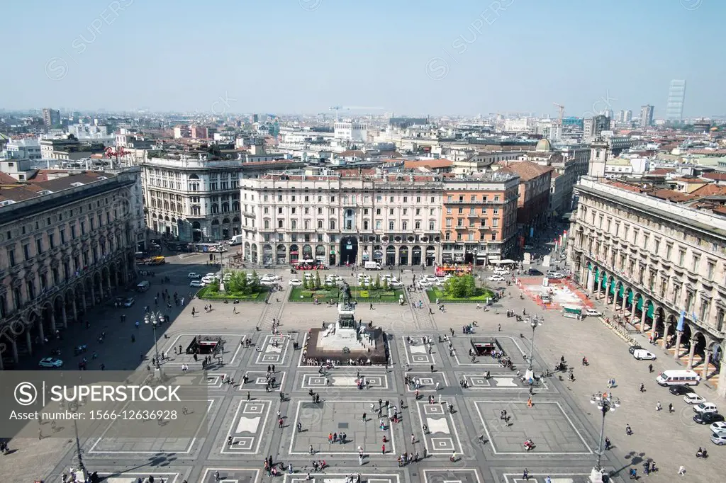 The Duomo square viewed from the Duomo rooftop, Milan, Italy.