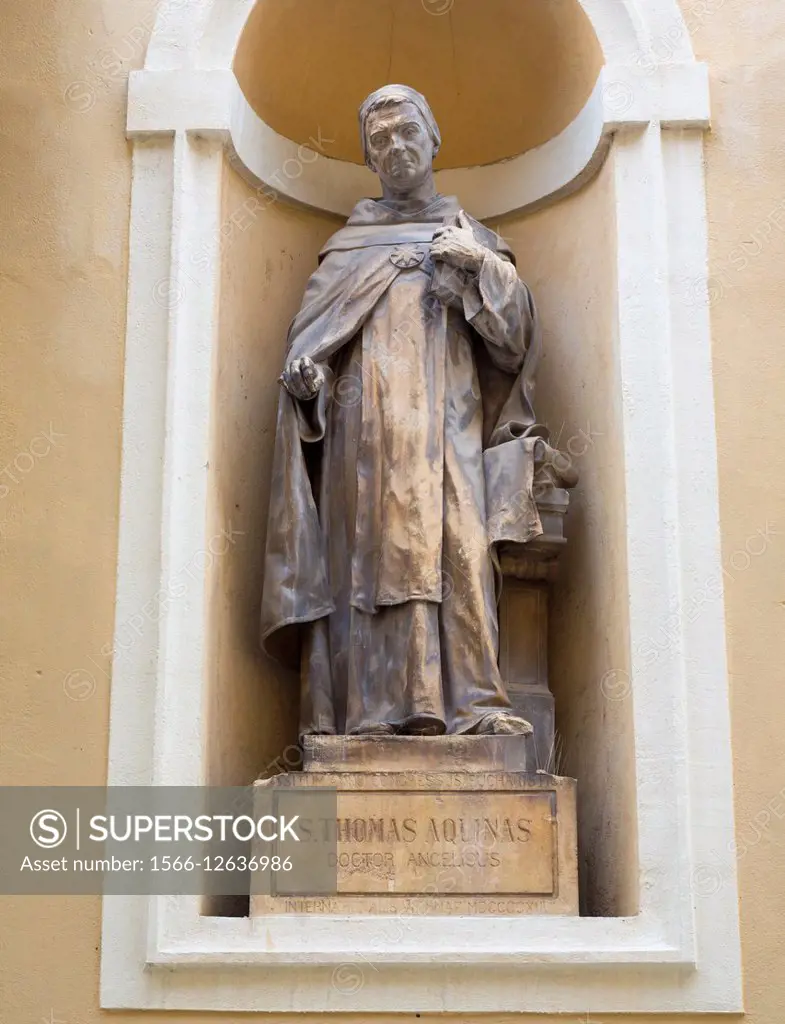 Statue of Italian born theologian and philosopher Saint Thomas Aquinas, 1225 - 1274, outside Church of St. Nicholas, Ljubljana, Slovenia.