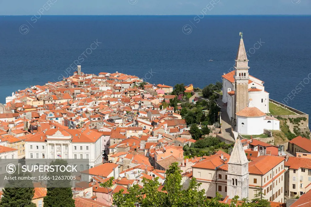 Piran, Primorska, Slovenia. Overeall view of the town and of St. George´s cathedral from the Town Walls.