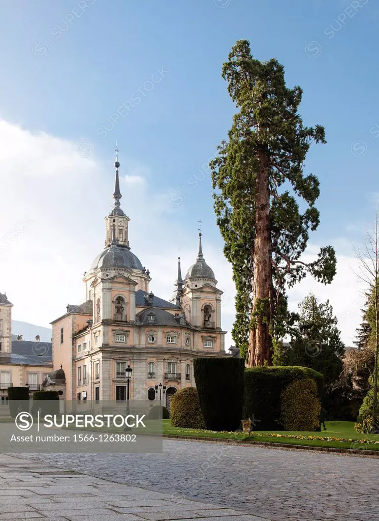 Formal gardens and Colegiata of San Ildefonso, La Granja, Segovia Province, Spain
