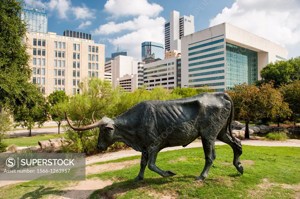 A sculpture that commemorates nineteenth century cattle drives that took place along the Shawnee Trail, The 70 bronze steers and 3 trail riders sculpt...