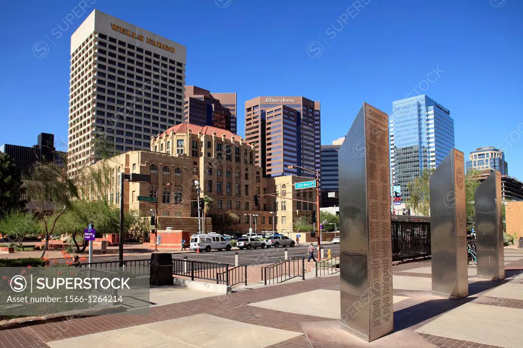 The skyline of Downtown Phoenix from Maricopa County Superior Court Plaza  Phoenix  Arizona  USA.