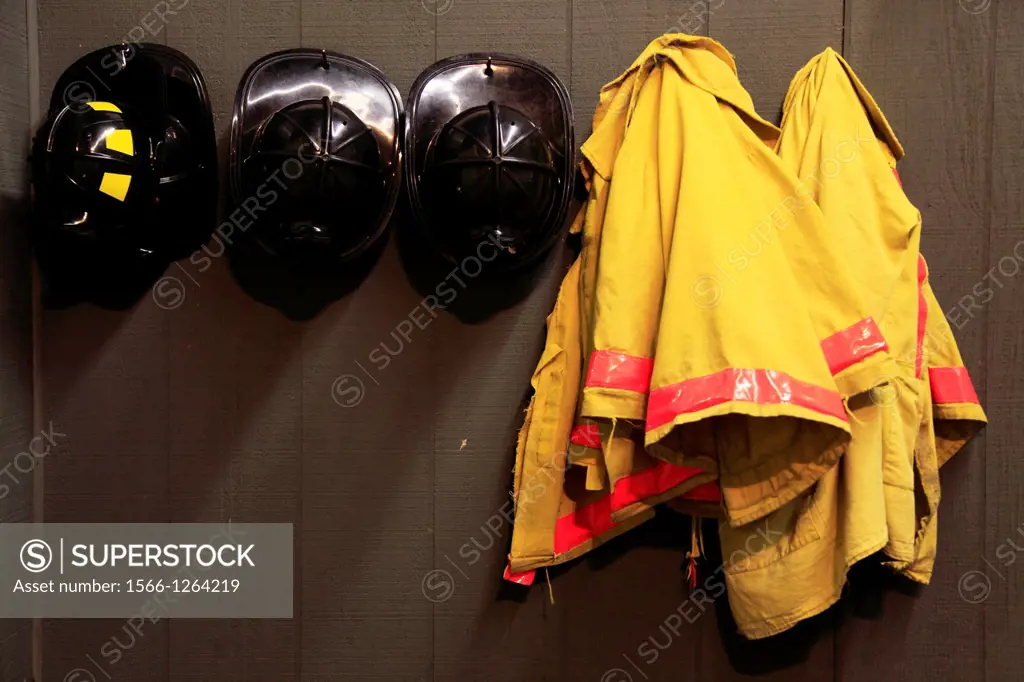 Children sized firefighter helmets and jackets for children fire safety programs in Hall of Flame Fire Museum, Phoenix, Arizona, USA