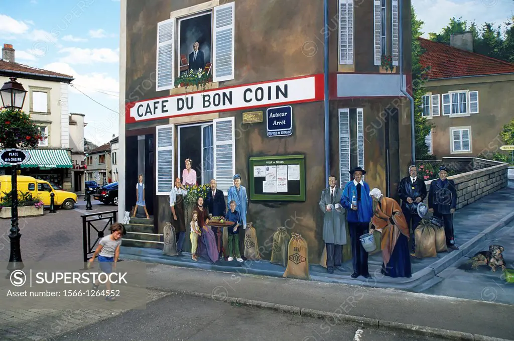 mural painting in trompe-l´oeil style calling to mind the history of salt in Dieuze, Saulnois, , Moselle department, Lorraine region, France, Europe