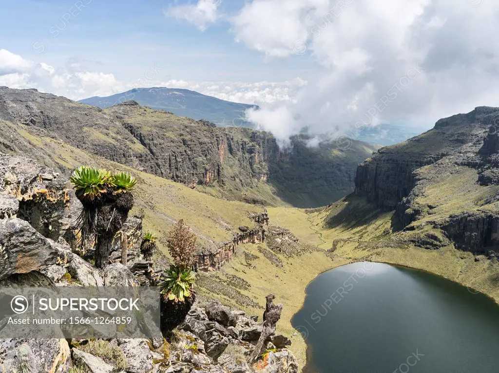 Mount Kenya national park in the highlands of central Kenya, a UNESCO world heritage site  The central part of Mount Kenya with lake Michaelson in the...