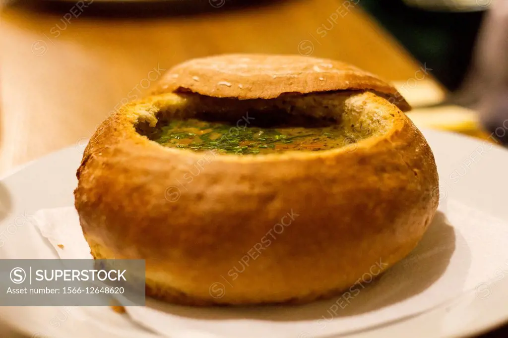 Soup in bread, Prague, Czech Republic.