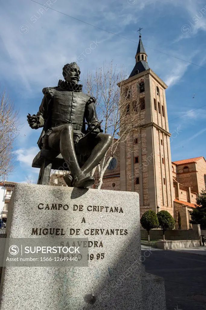 Church and monument to Cervantes, Campo de Criptana, Ruta de Don Qujiote, Ciudad Real province, Castilla-La Mancha, Spain