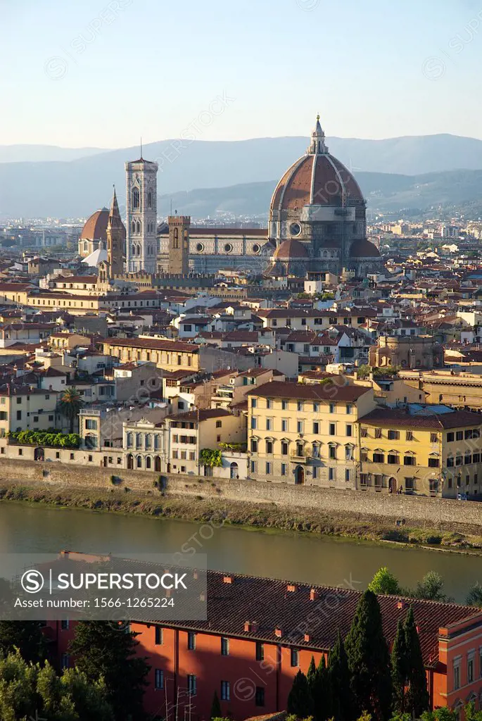 elevated view of Florence and the Santa Maria dei Fiore cathedral, looking across the Arno
