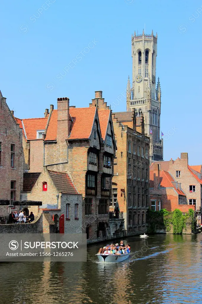Rozenhoedkaai and the Belfry, Bruges, Flanders, Belgium