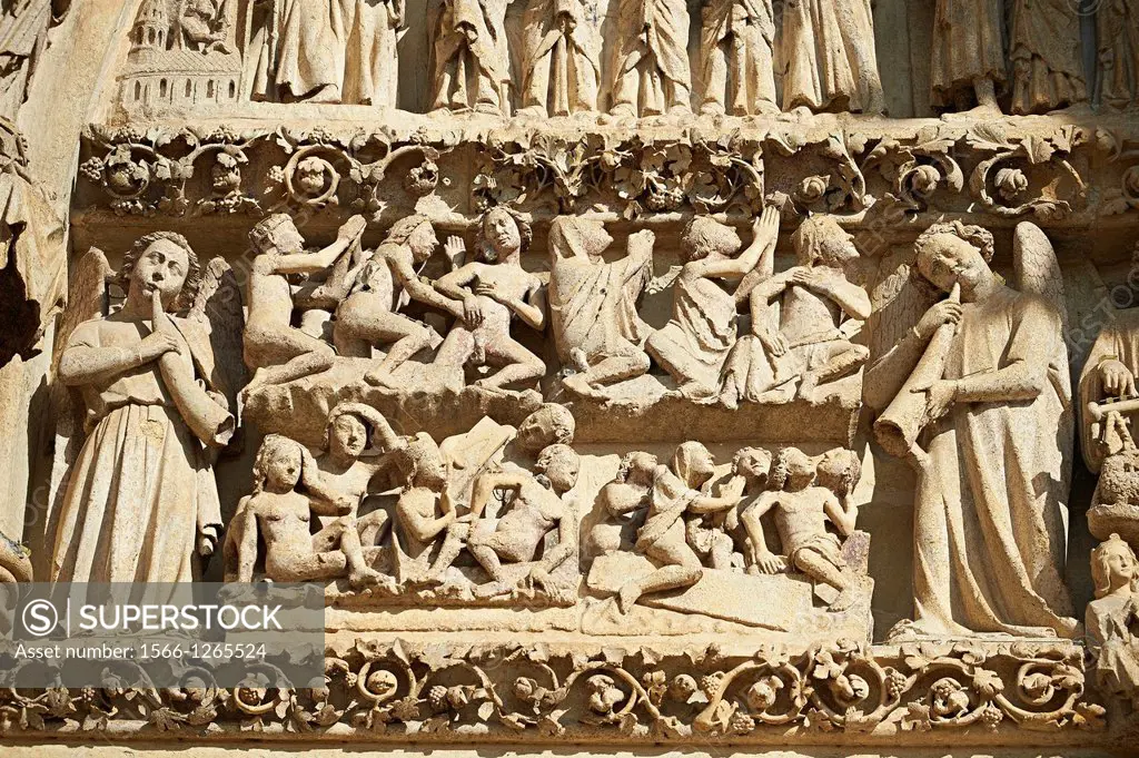 Tympanum of central west portal: Scenes from the Day of Judgement. Gothic Cathedral of Notre-Dame, Amiens, France
