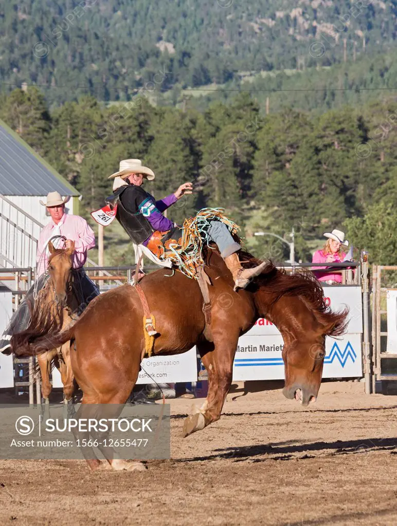 Estes Park, Colorado - Bareback riding competition at the Rooftop Rodeo.
