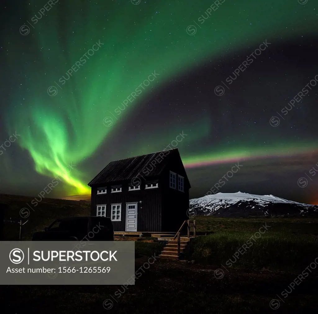 Aurora Borealis over house, Iceland Hellnar, Snaefellsnes Peninsula, Iceland
