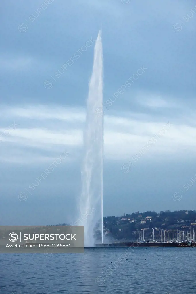 The monumental water fountain Jet d´Eau at the Lake Geneva, Canton of Genève, Switzerland.