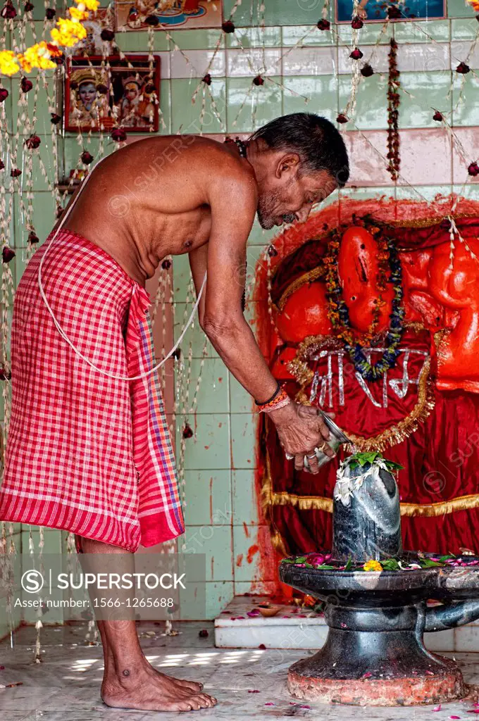 Brahmin performing puja ceremony in a temple. Varanasi, Benares, Uttar Pradesh, India