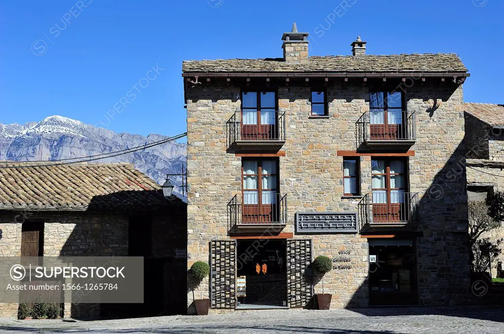 Traditional architecture in the Plaza Mayor of Aínsa, in Sobrarbe Pyrenean region. Huesca, Spain.