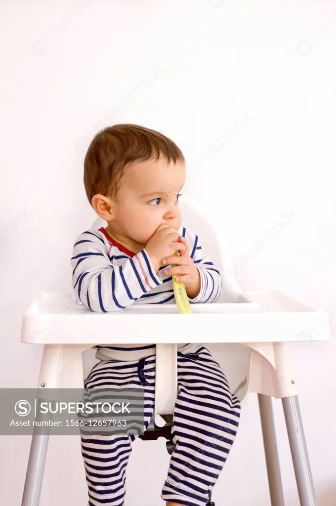 Twin baby boy. 12 month old twin boy sitting in highchairs playing with a plastic spoon.