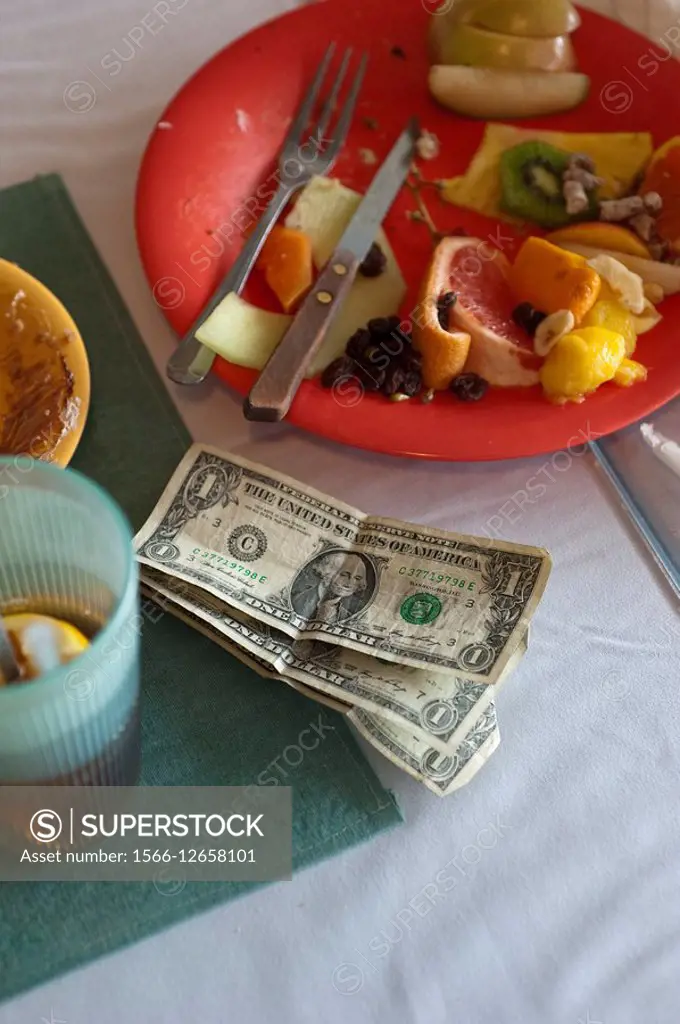 Fruit salad on a plate in a restaurant with money on the table