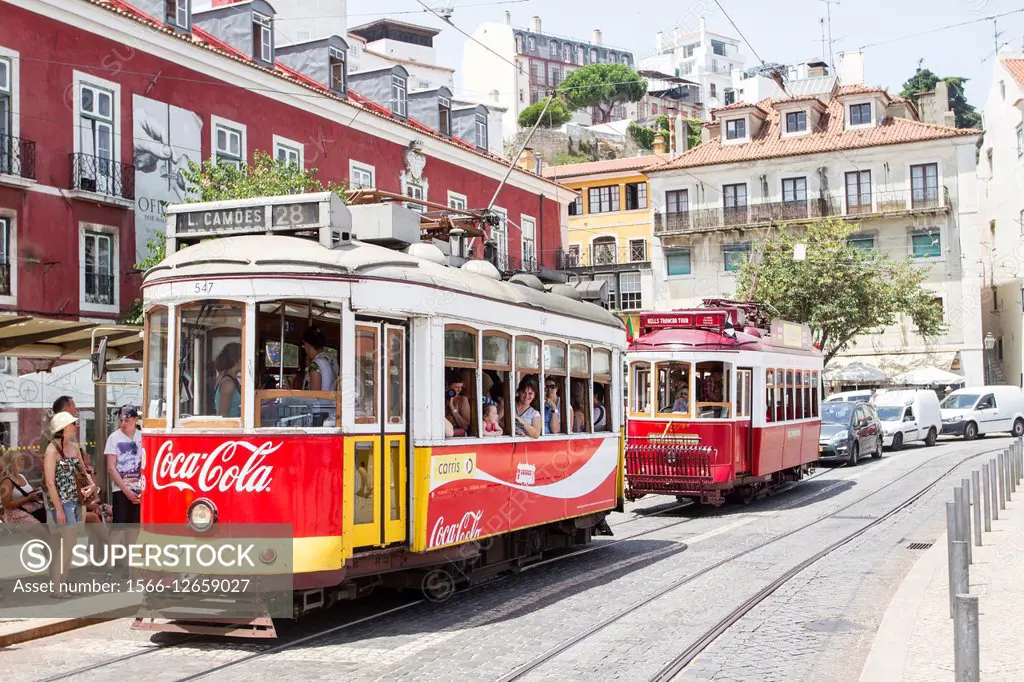 Tram in Largo das Portas do Sol, Lisbon, Portugal.