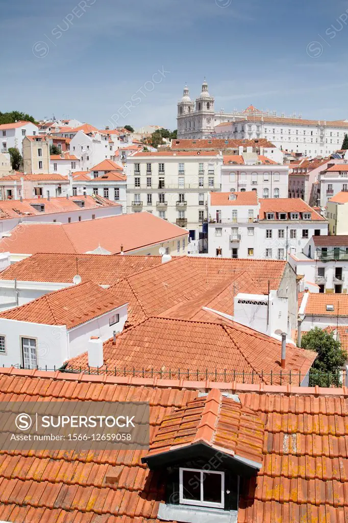 Panoramic view of Alfama from Largo do Portas do Sol, Lisbon, Portugal.