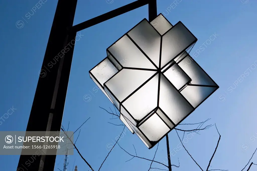 Modern lamppost with cubic forms, manufactured with steel and glass