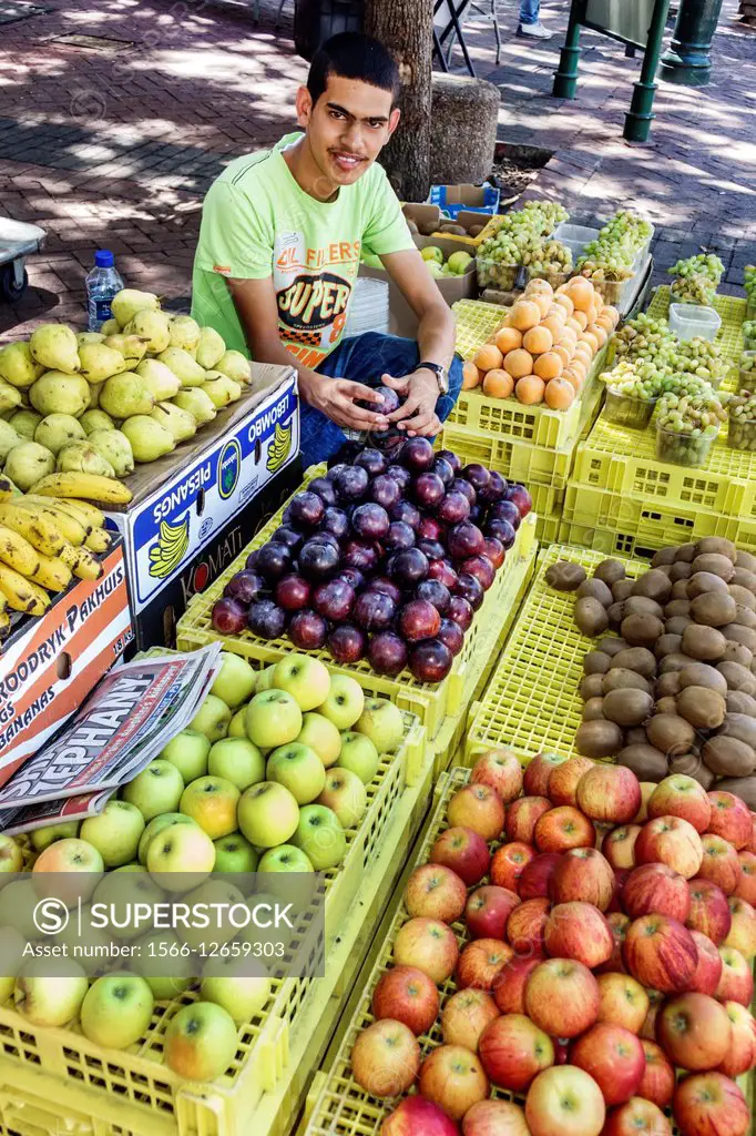 South Africa, African, Cape Town, City Centre, center, Government Street, produce vendor, fruit, teen, boy, job,