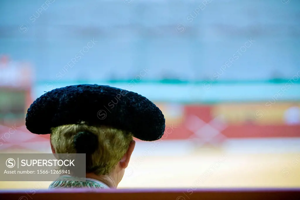 Silhouette of a bullfighter´s head wearing the traditional hat or ´montera´ Spain